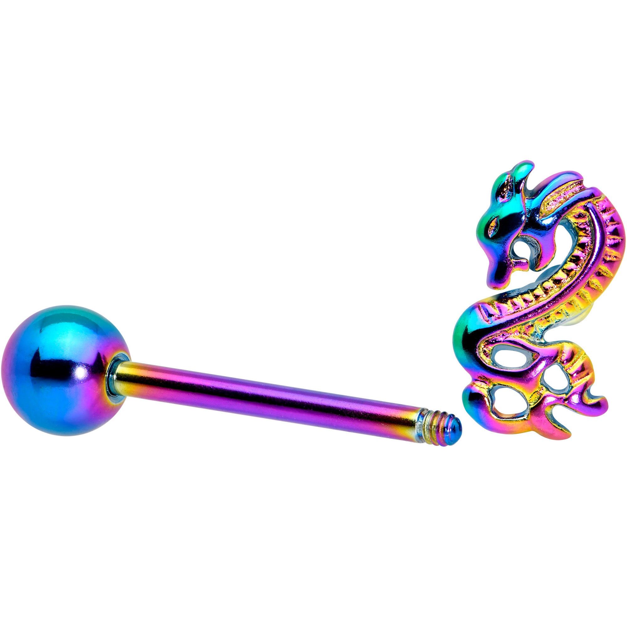 Rainbow Titanium Anodized 3-D Dragon Barbell Tongue Ring