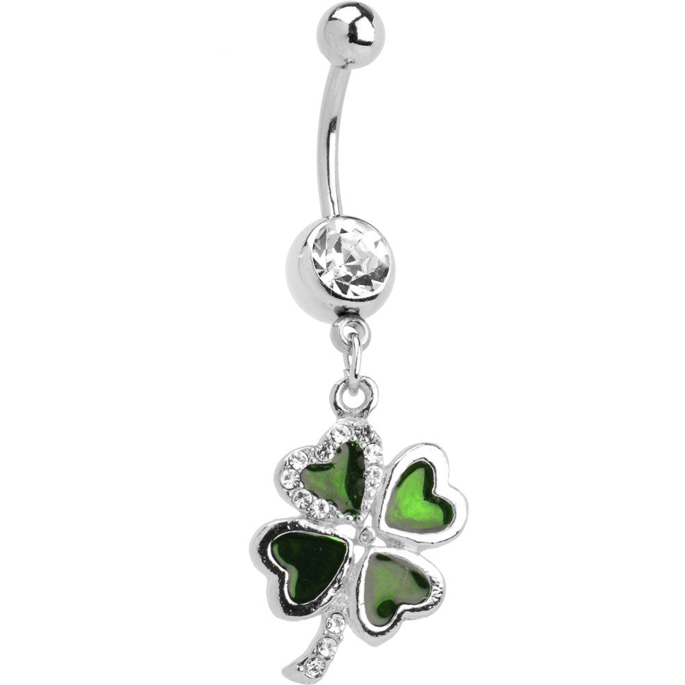 Crystalline Gem Lucky 4 Leaf Clover Dangle Belly Ring
