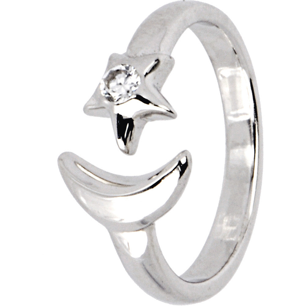 Sterling Silver 925 Cubic Zirconia Star And Moon Toe Ring
