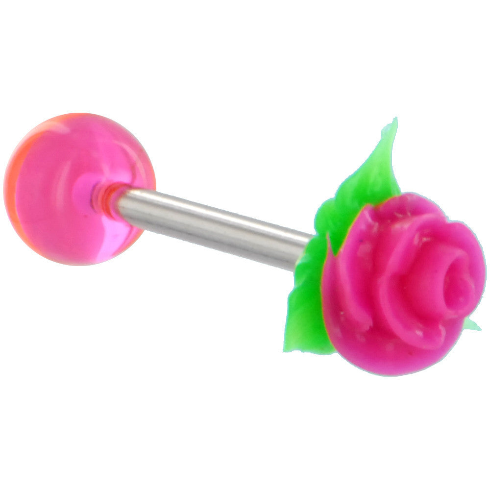 Pink Silicone Rose Flower Barbell Tongue Ring