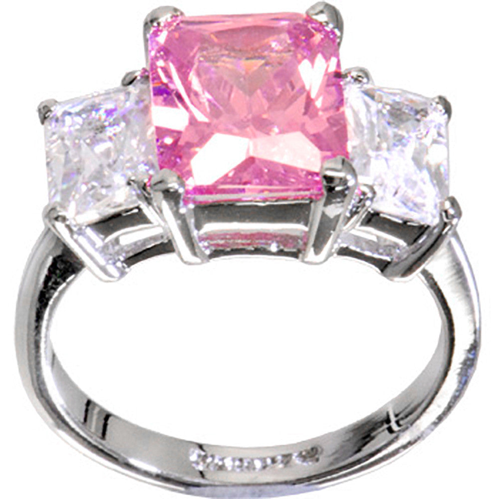 Silver PINK .80 Carat Cubic Zirconia RECTANGLE TRIO Ring