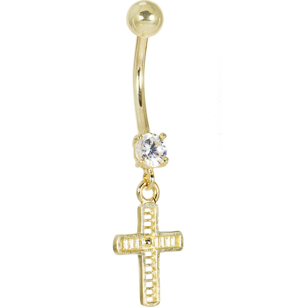 16G Solid 14k Yellow Gold Cubic Zirconia Cross Dangle Belly Ring