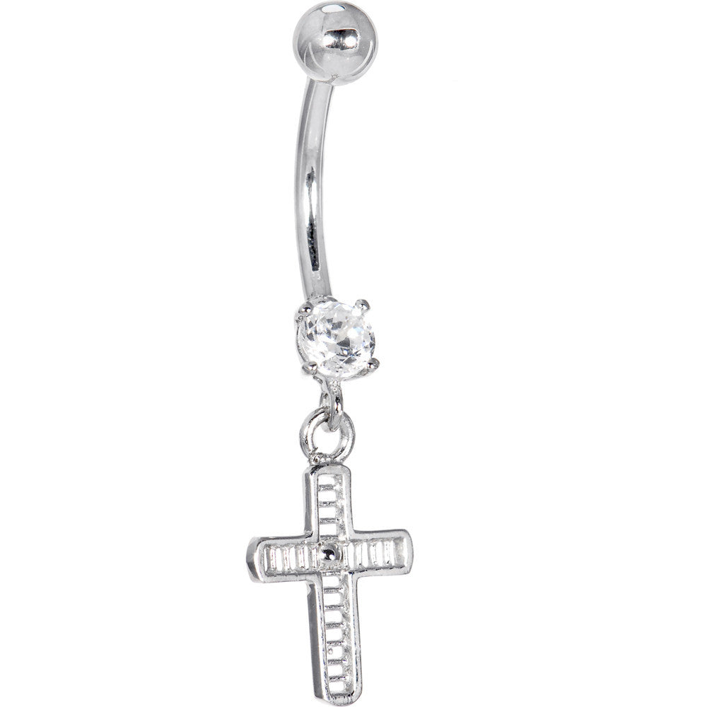 16G Solid 14k White Gold Cubic Zirconia Cross Dangle Belly Ring