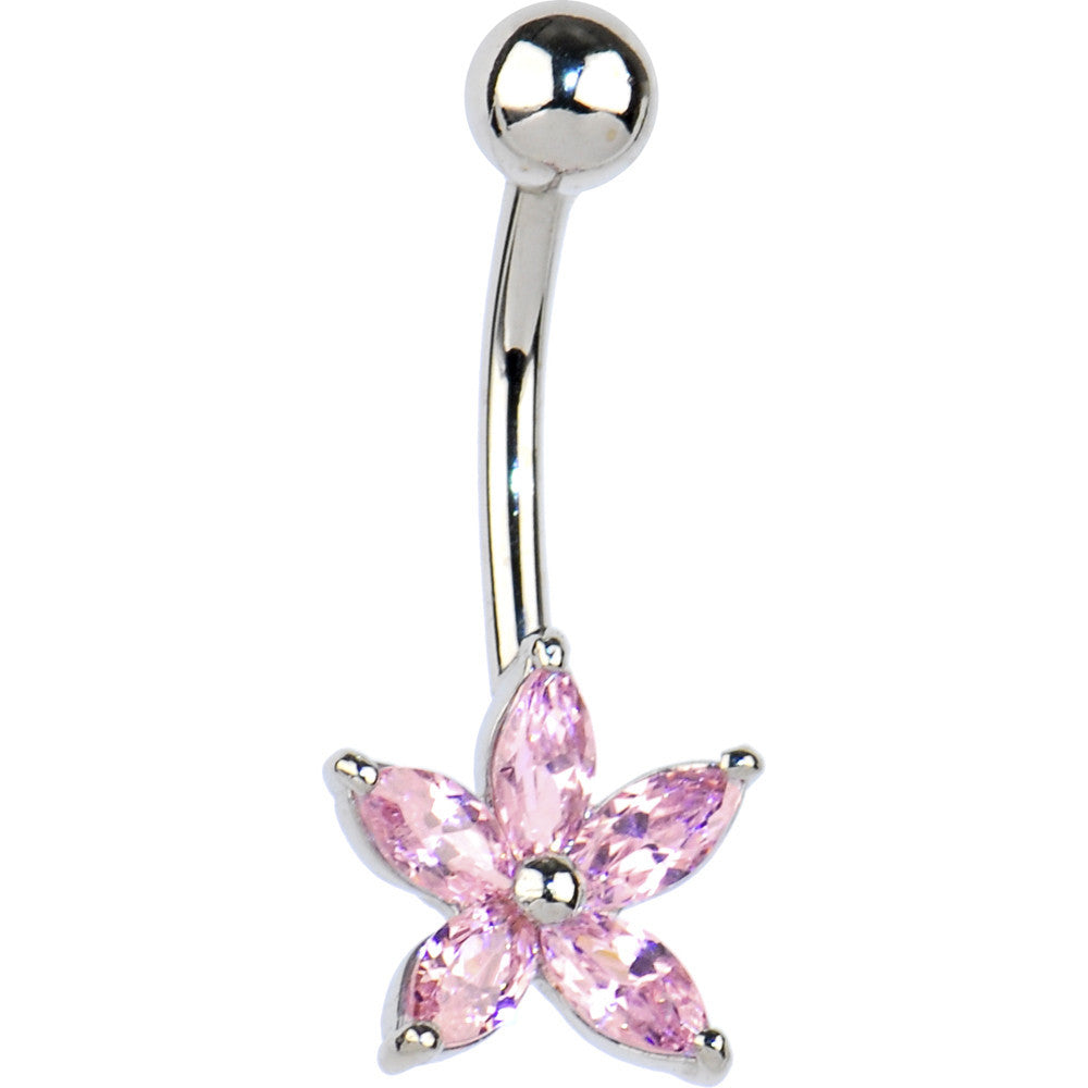 Solid 14kt White Gold Pink Cubic Zirconia Lily Belly Ring