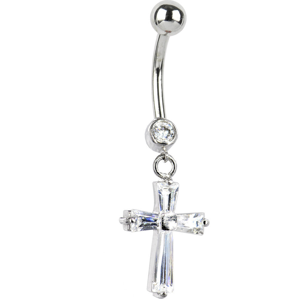 16G Solid 14k White Gold Cubic Zirconia Cross Dangle Belly Ring