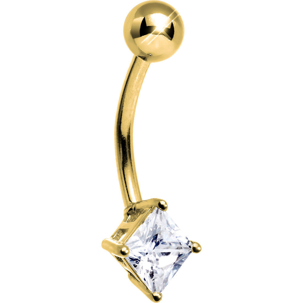 16G Solid 14k Yellow Gold CZ Square Solitaire Belly Ring