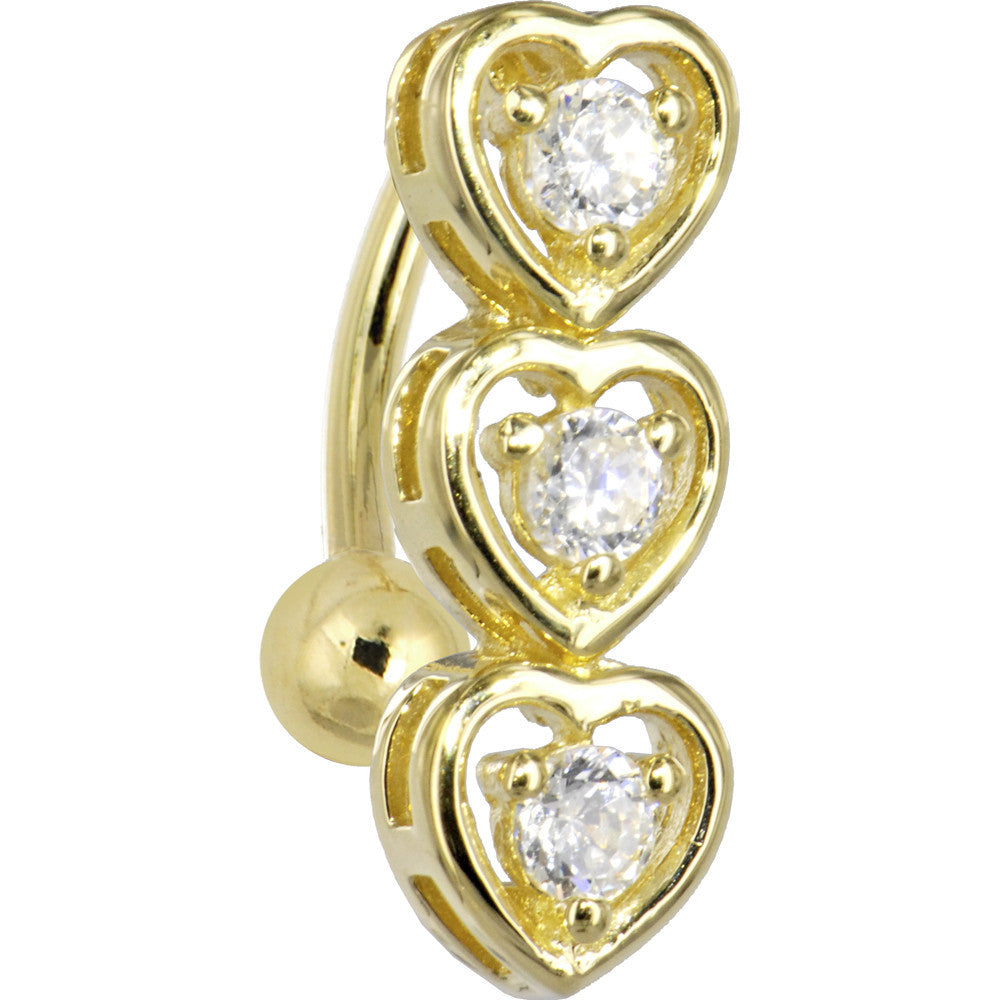 16G Solid 14k Yellow Gold Top Mount Cubic Zirconia Heart Of Hearts Belly Ring