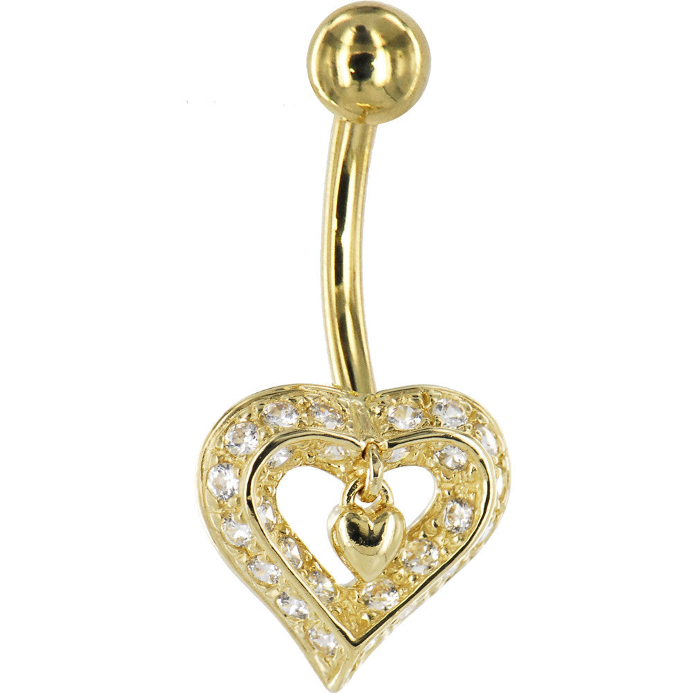 Solid 14KT Yellow Gold Cubic Zirconia CHARMING HEART Belly Ring