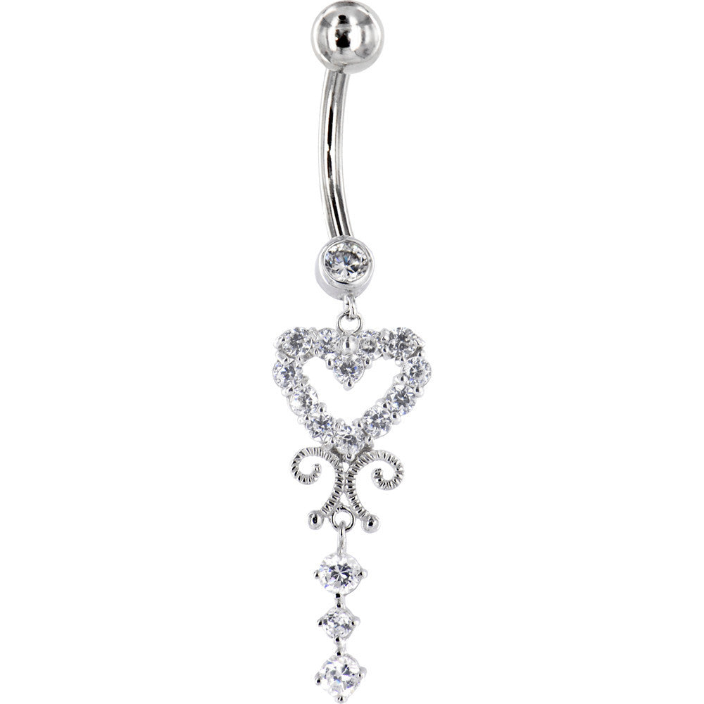 16G Solid 14K White Gold SCROLL DROP HEART Cubic Zirconia Belly Ring