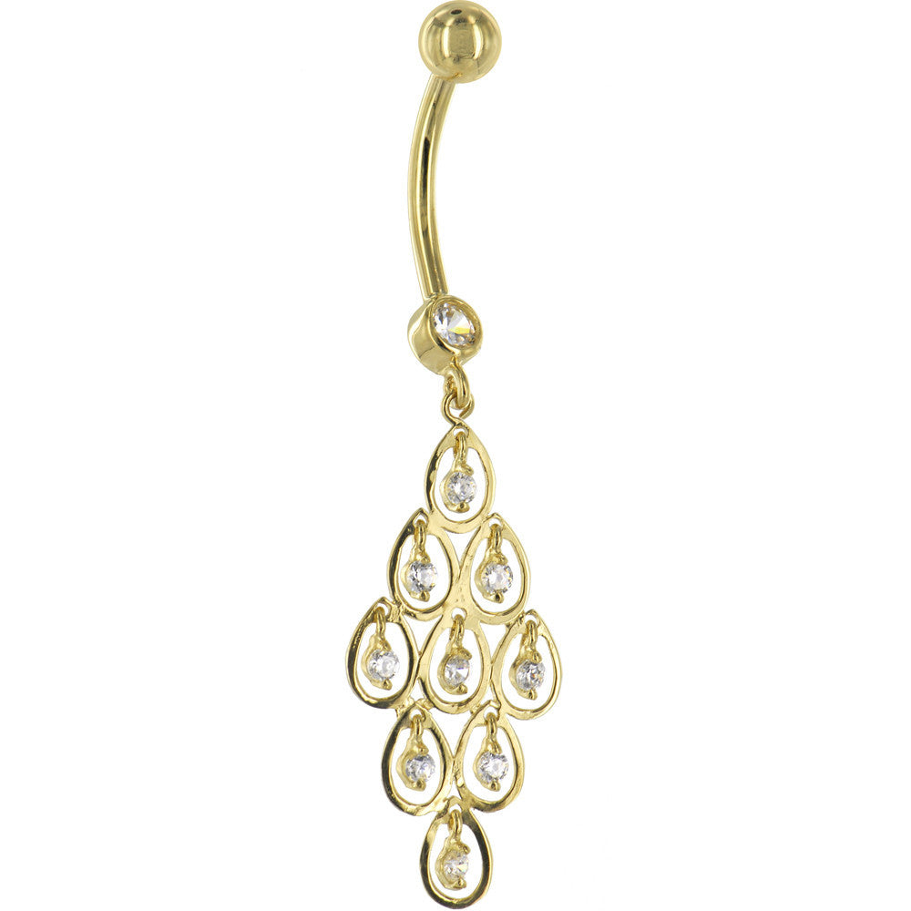 16G Solid 14K Yellow Gold TEARDROP CHANDELIER Cubic Zirconia Belly Ring