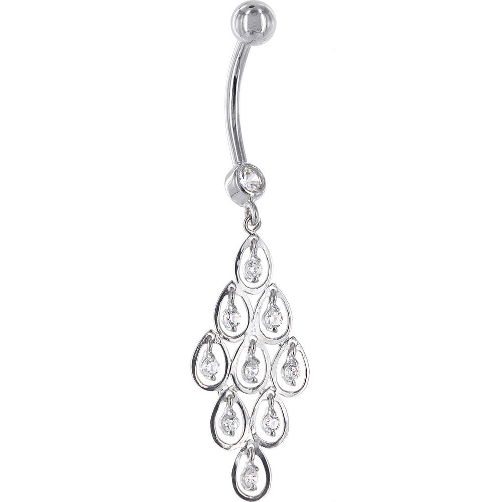 16G Solid 14K White Gold TEARDROP CHANDELIER Cubic Zirconia Belly Ring
