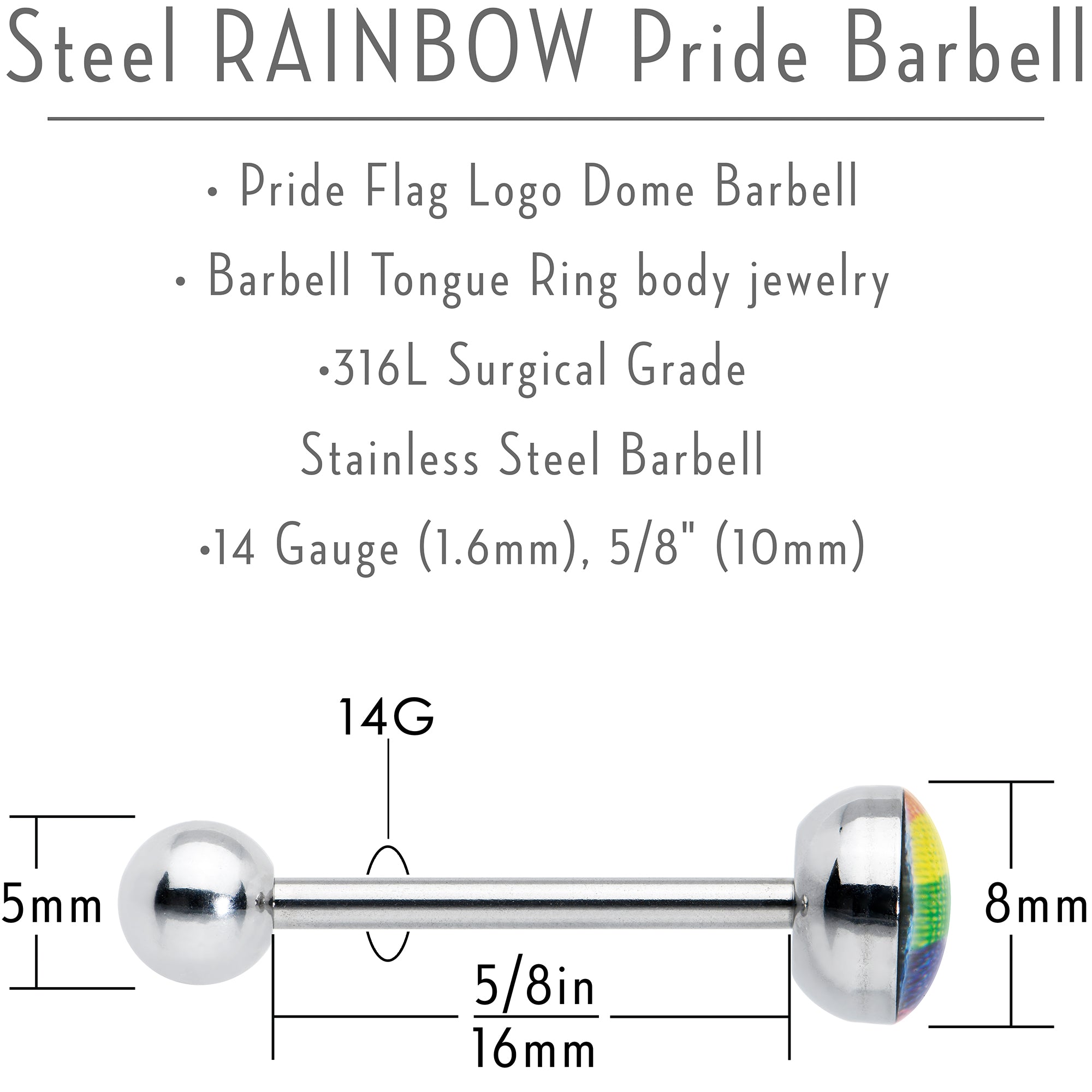 Surgical Steel RAINBOW Gay Pride Barbell