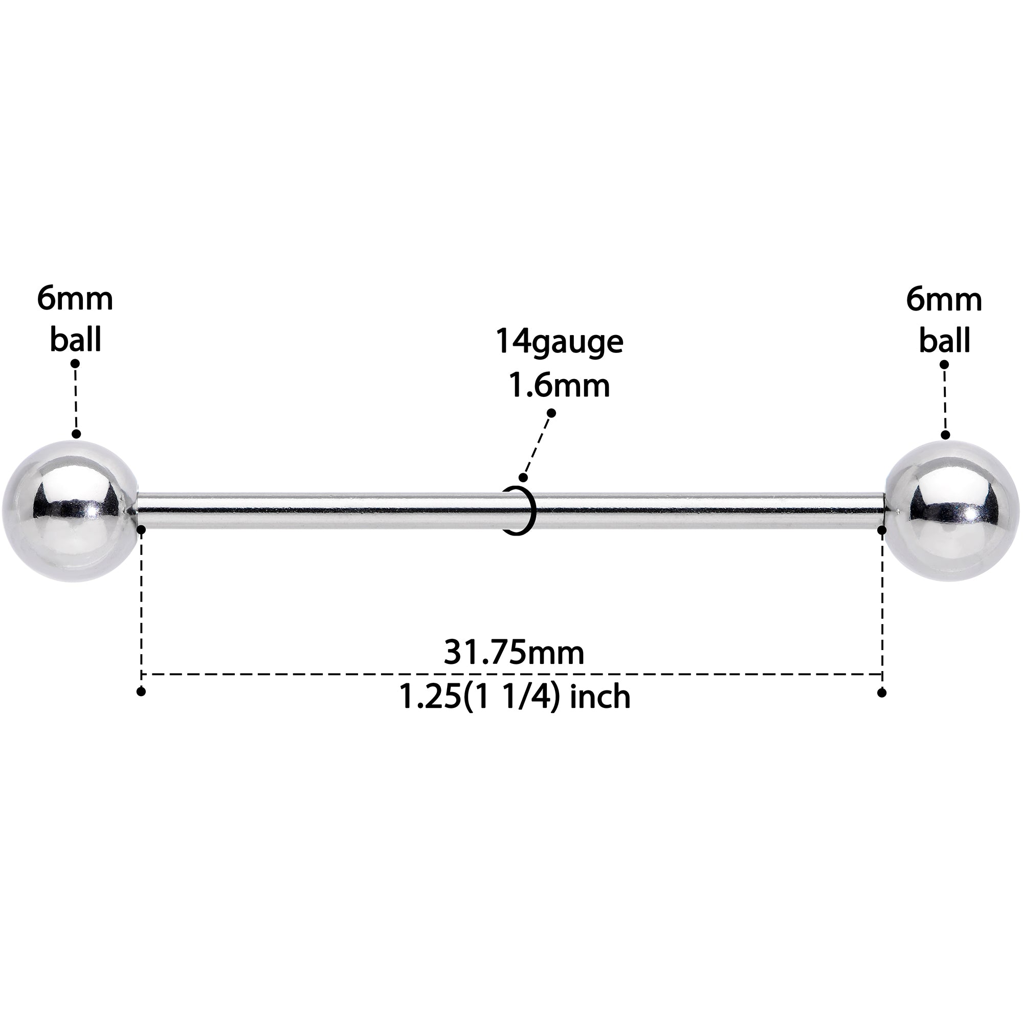 14G Straight Stainless Steel Barbell 1 1/4 6mm