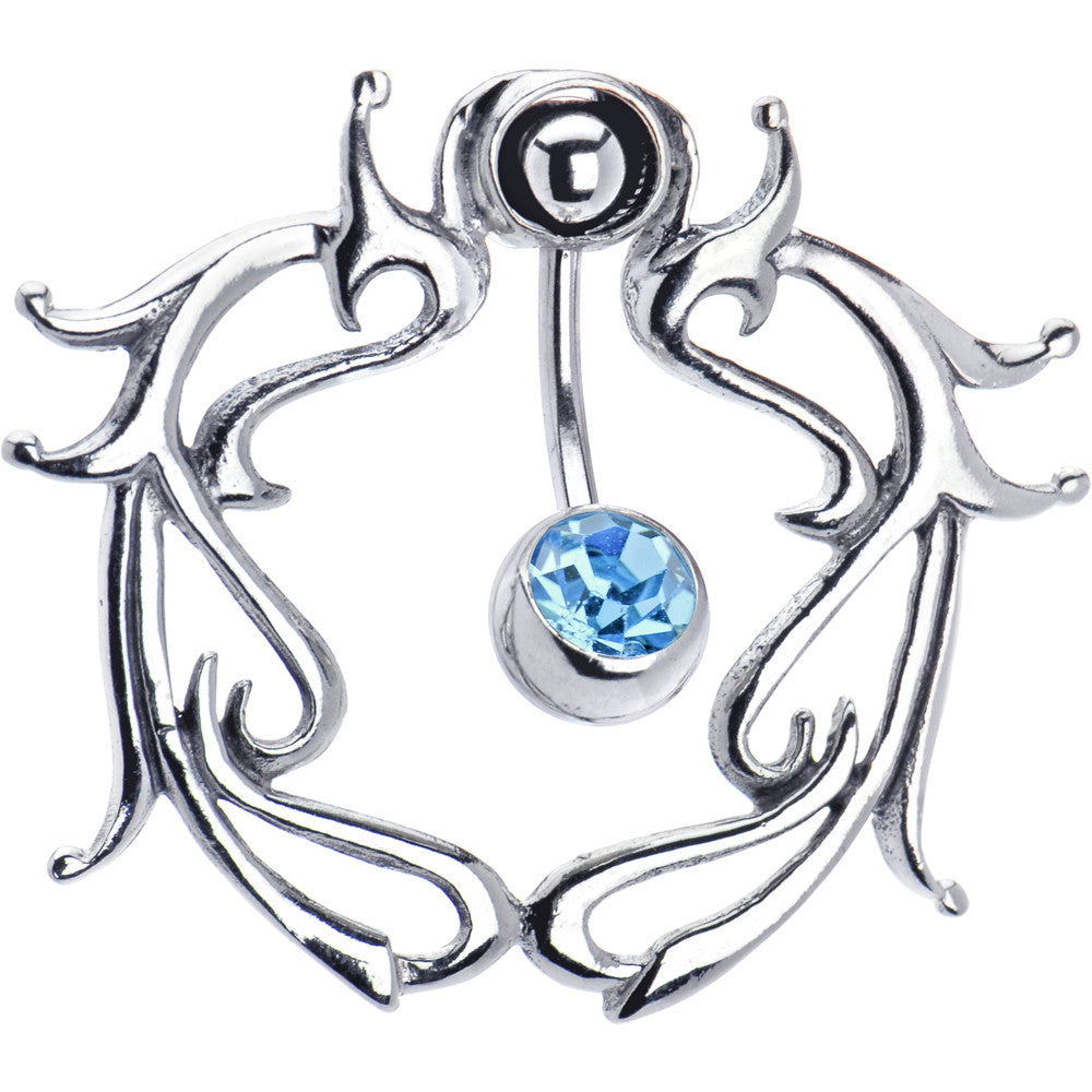 Aqua Gem Sterling Silver Tribal Tattoo Belly Shield Ring