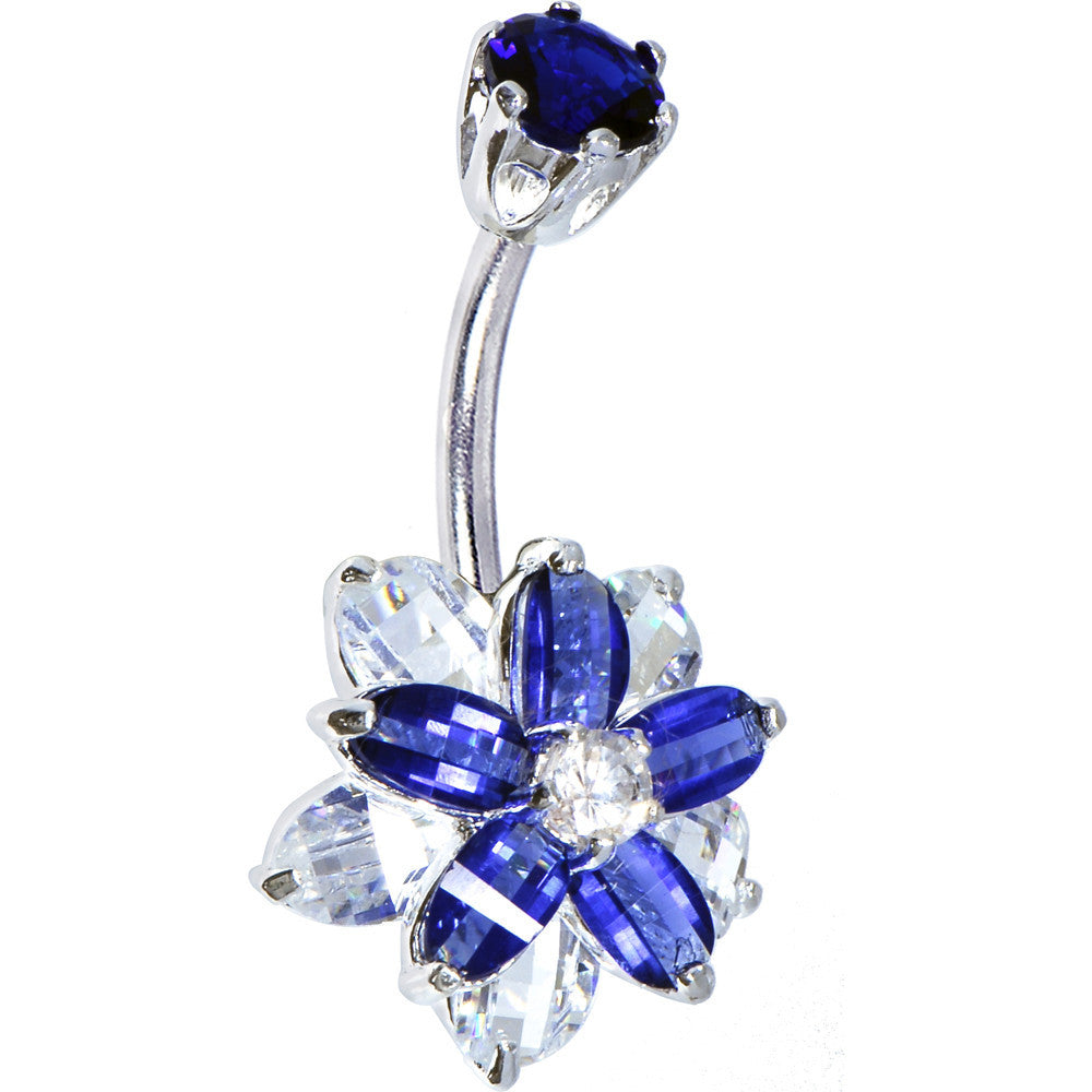 Sterling Silver 925 Sapphire Blue Cubic Zirconia Alluring Flower Belly Ring