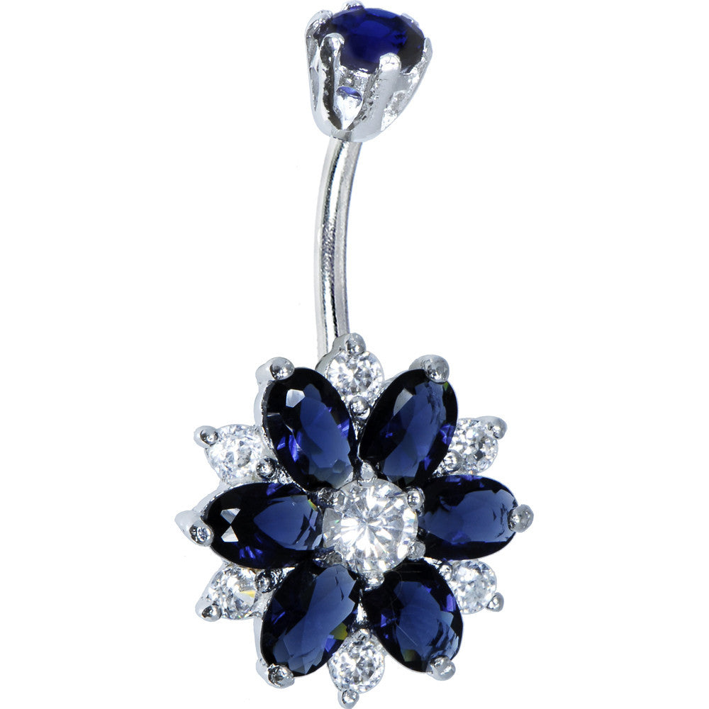 Sterling Silver 925 Sapphire Blue Cubic Zirconia Sensational Flower Belly Ring