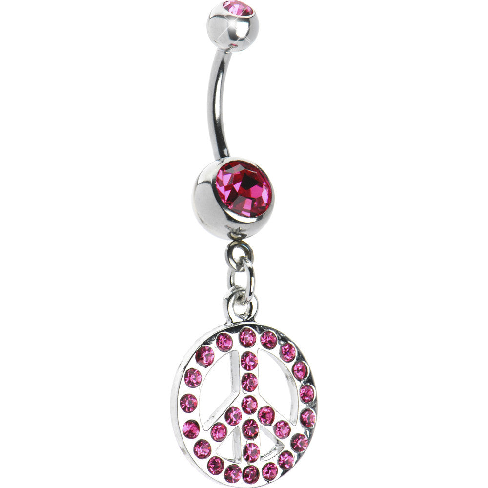 Pink Cubic Zirconia Peace Sign Dangle Belly Ring