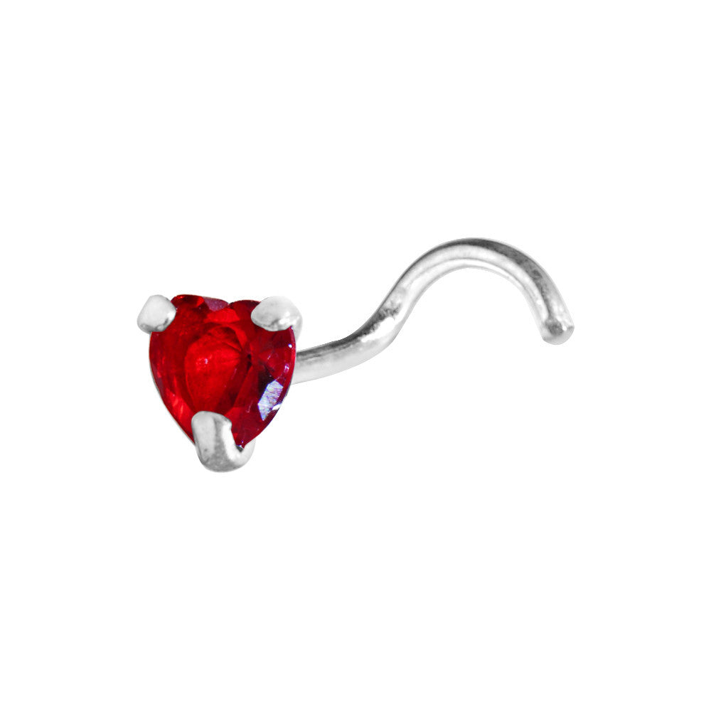 Sterling Silver 925 Light Siam CZ Heart Nose Ring
