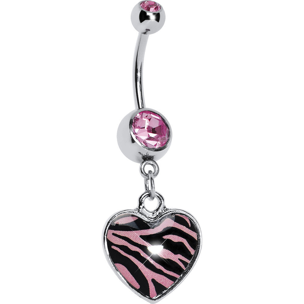 Pink Zebra Print Heart Dangle Belly Ring