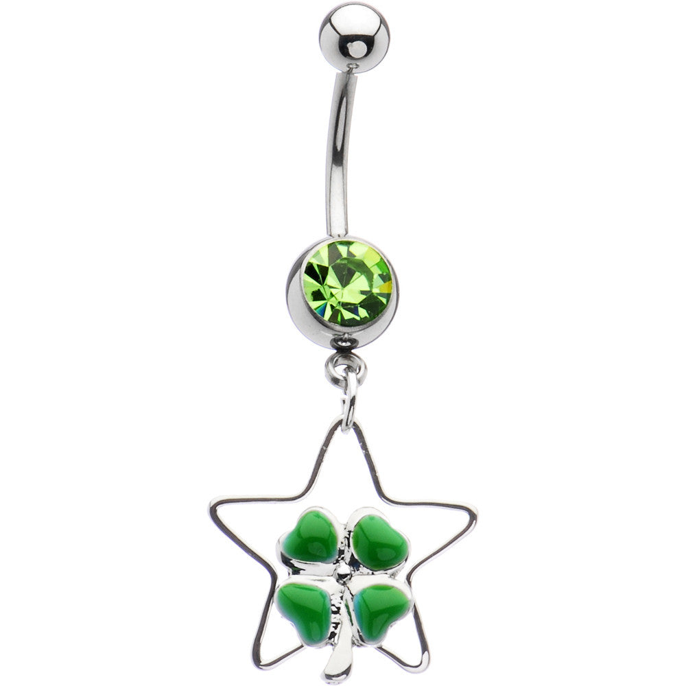 Peridot Green Gem Hollow Star Clover Belly Ring
