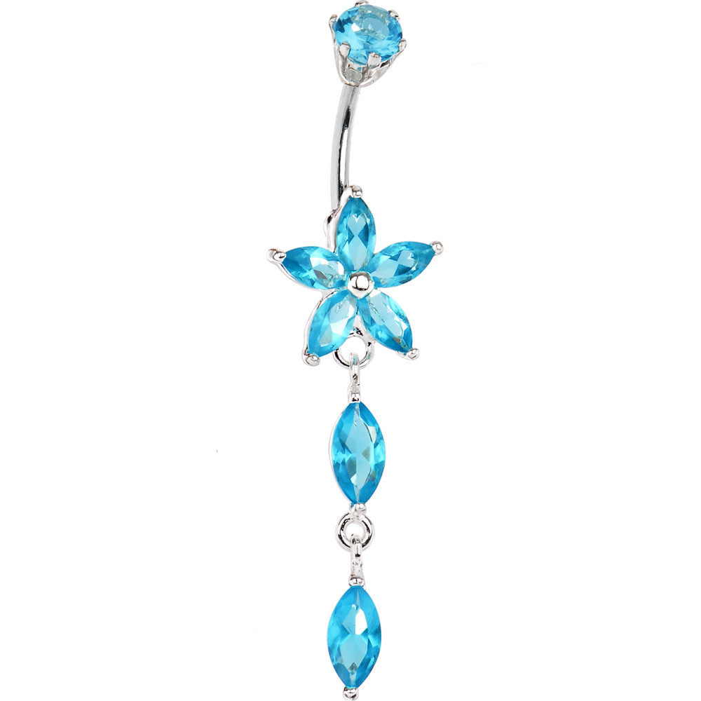 Sterling Silver 925 Aqua Cubic Zirconia Lily Teardrop Belly Ring