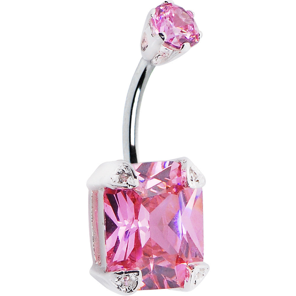925 Sterling Silver Pink Cubic Zirconia Square Belly Ring