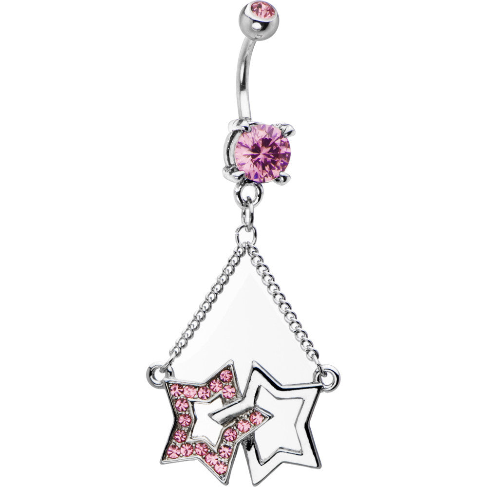 Dual Star Pink Cubic Zirconia Dangle Chain Belly Ring