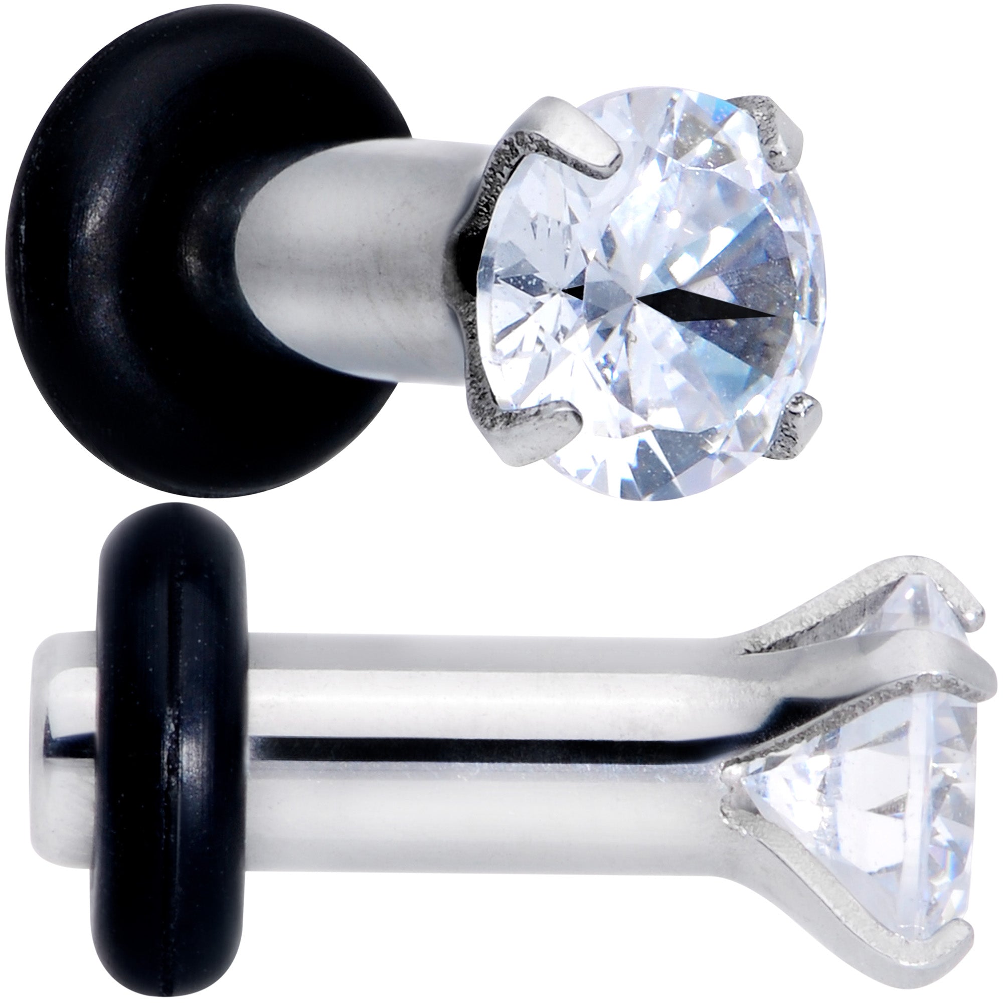 8G Stainless Steel Clear Cubic Zirconia Single Flare Plug Set