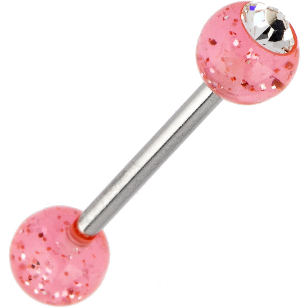 Single Gem Shocking Pink Glitter Barbell Tongue Ring