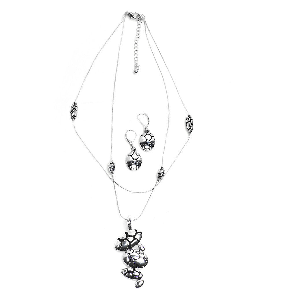 Silver Tone Designer Mosaic Pendant Necklace and Earring Set