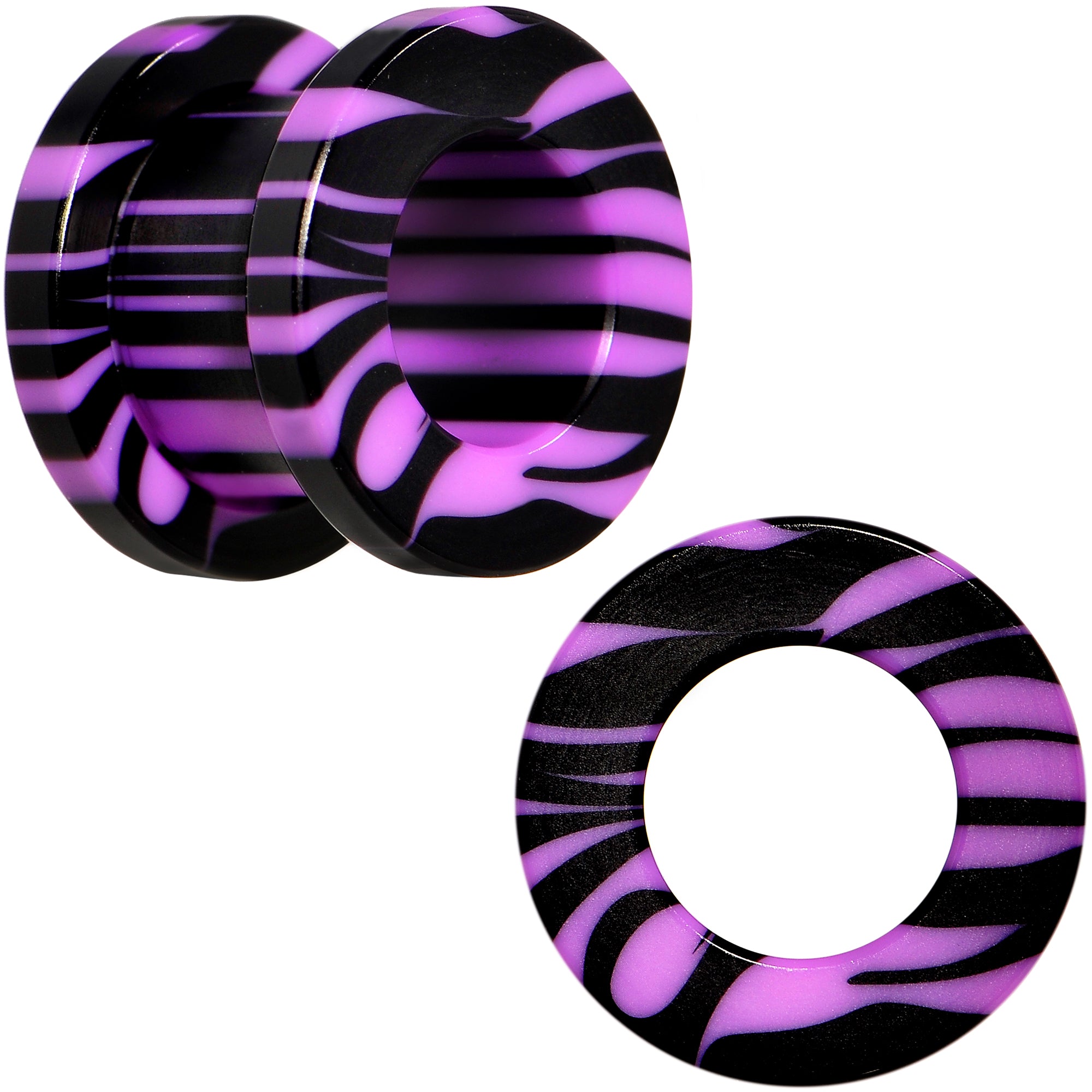 00G Purple Black Acrylic Zebra Striped Screw Fit Tunnel Plug Set