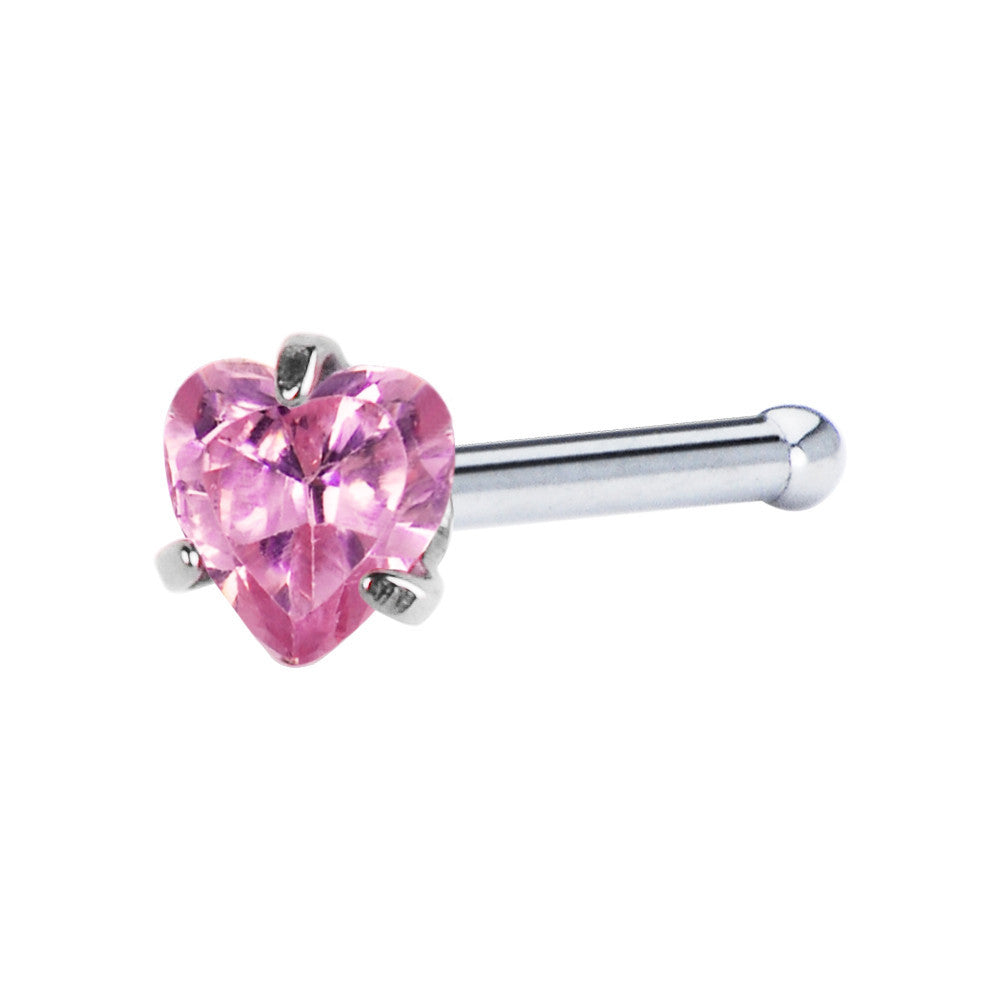 18G Pink Heart Cubic Zirconia Nose Bone