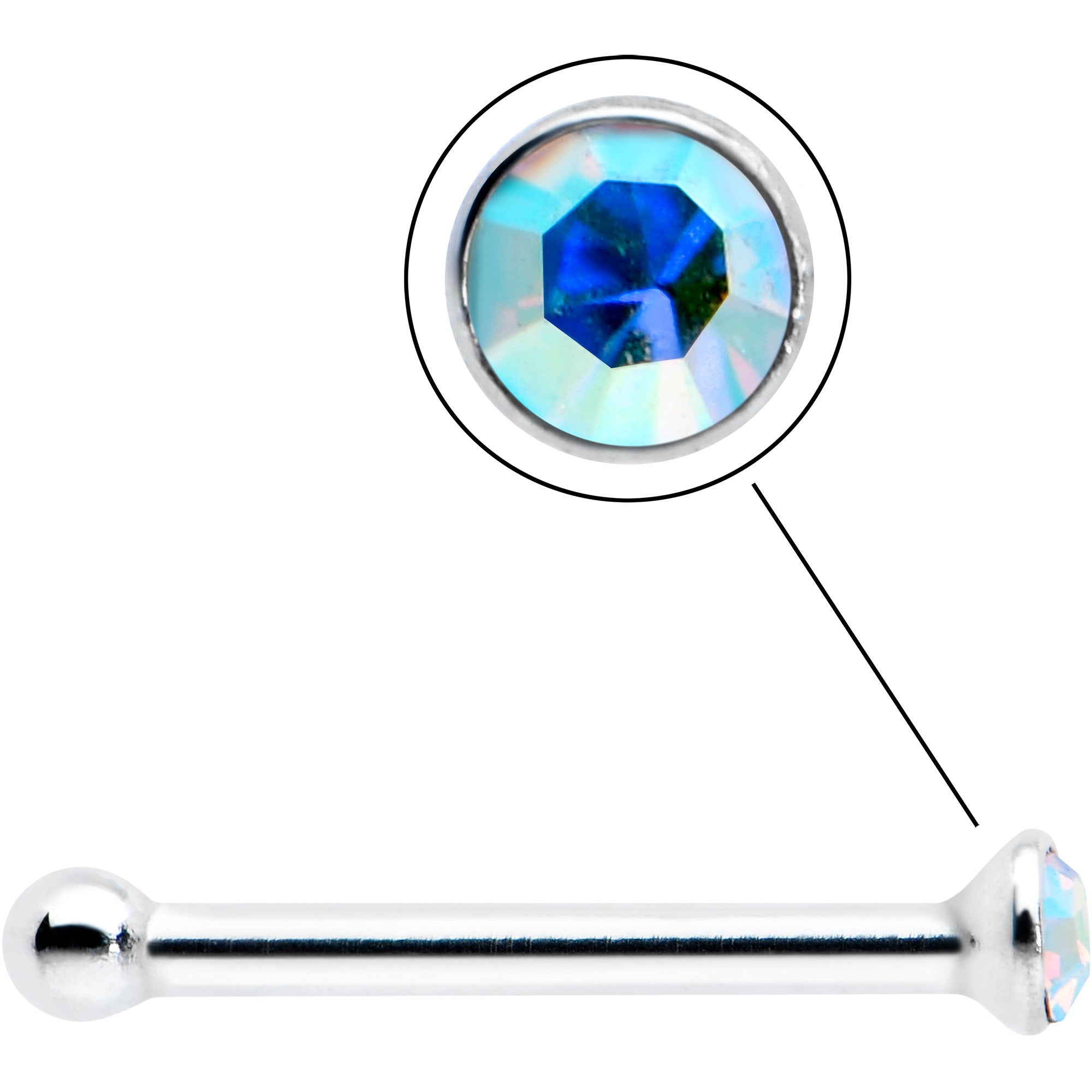 Sterling Silver 1.2mm Aurora Nose Bone Created with Crystals