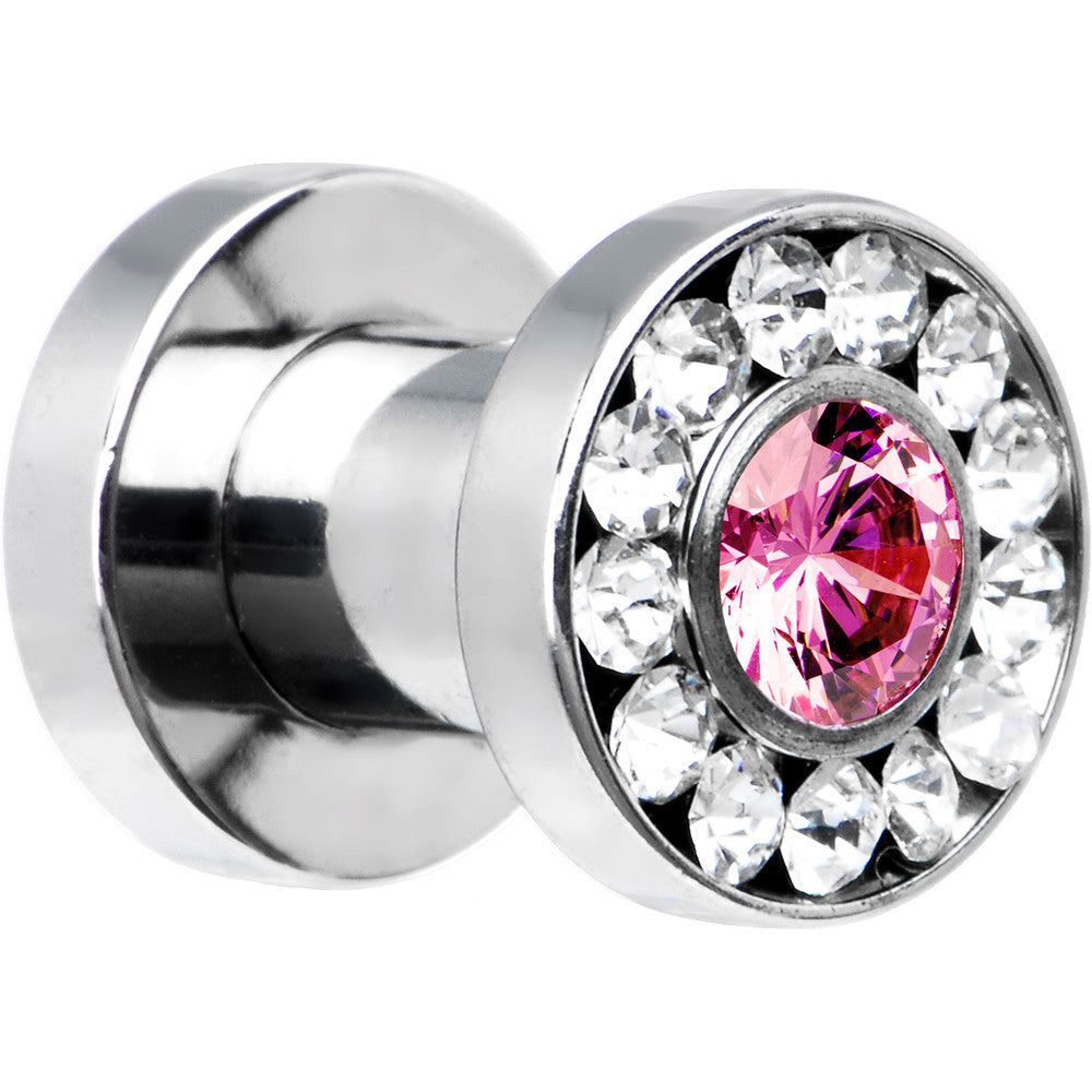 4 Gauge Stainless Steel Clear Pink CZ Screw Fit Tunnel
