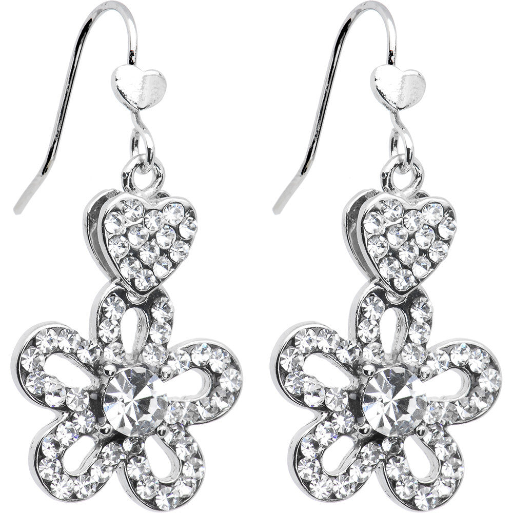 Clear Crystal Heart and Posy Flower Earrings