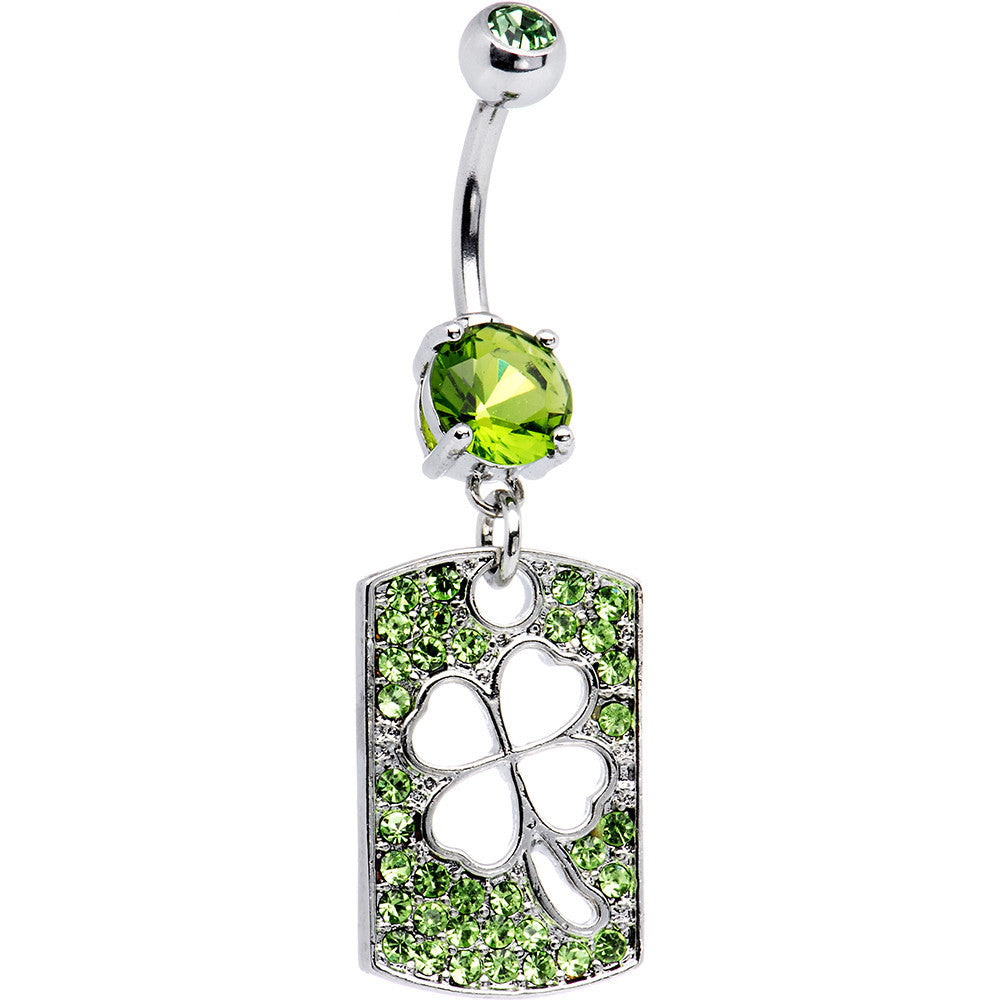 Green Gem Paved Shamrock Plate Dangle Belly Ring