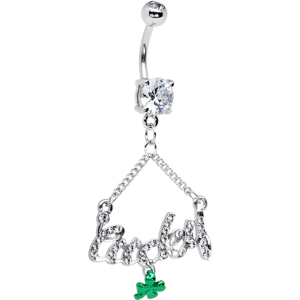 Clear Gem Lucky Shamrock Dangle Belly Ring