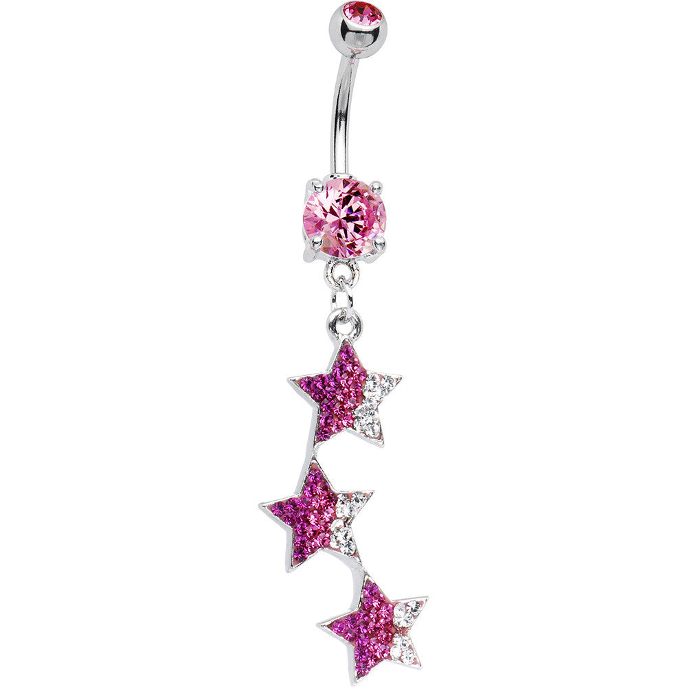 Pink Cubic Zirconia Triple Star Drop Belly Ring