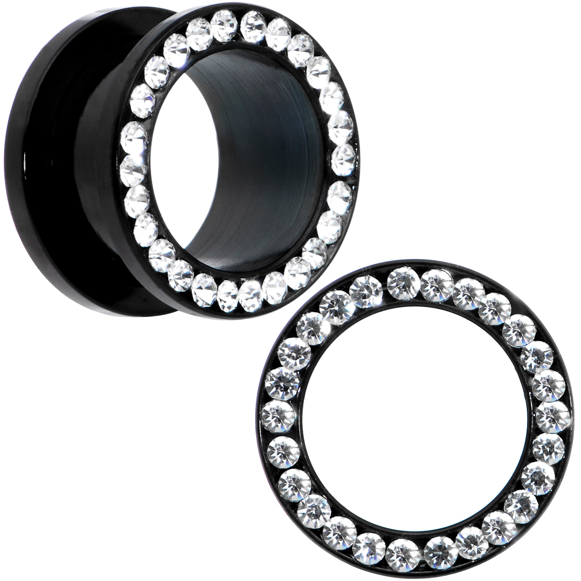 9/16 Black Anodized Titanium Clear Gem Screw Fit Tunnel Set