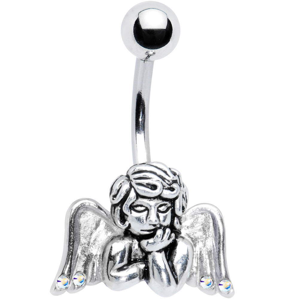 Silver Aurora Winged Angel Belly Ring Created with Crystals