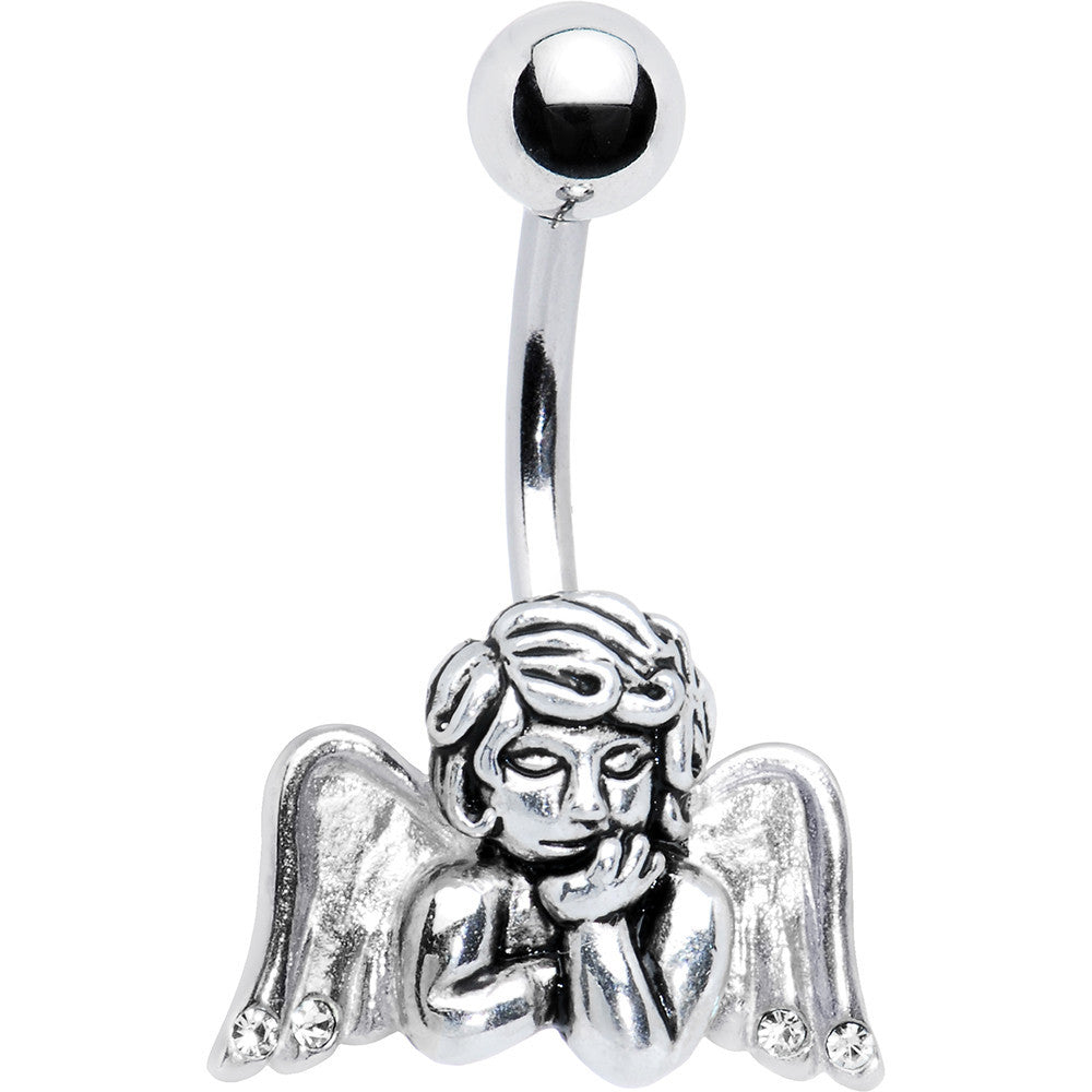 Silver Clear Winged Angel Belly Ring Created with Crystals