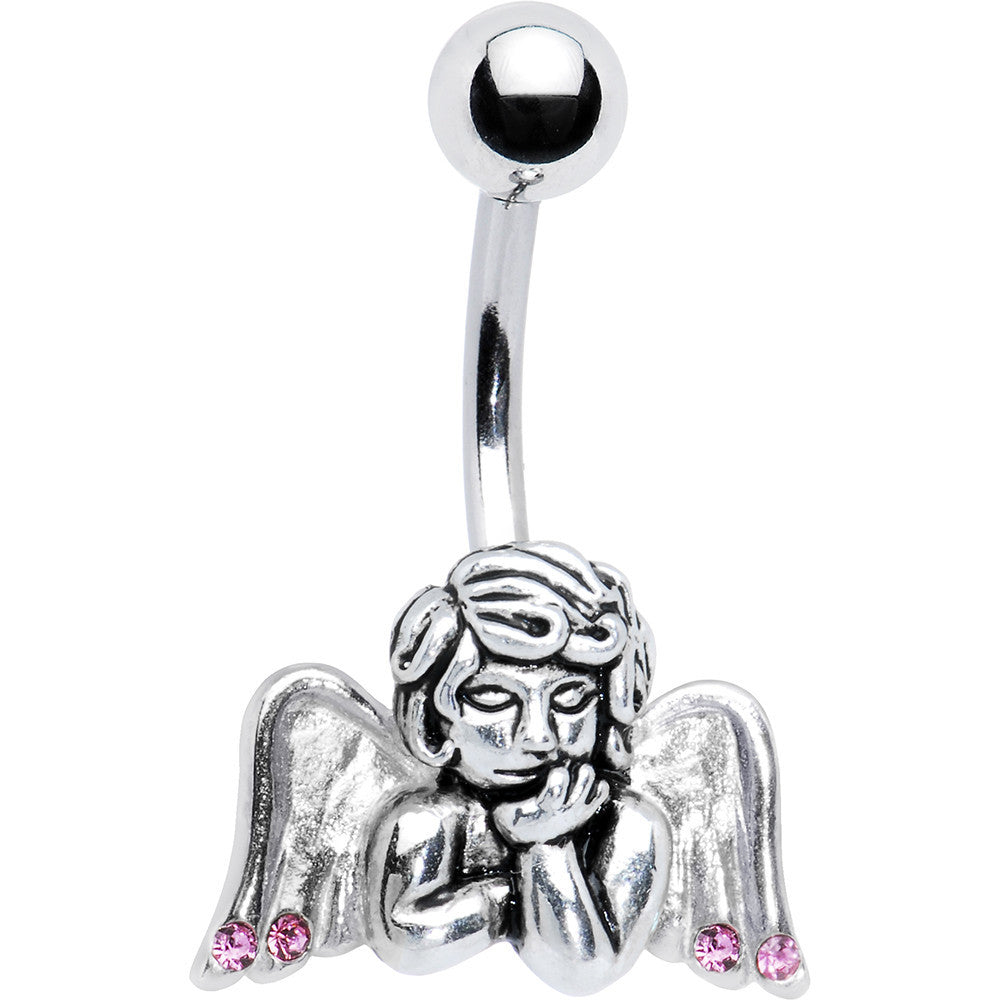 Silver Pink Winged Angel Belly Ring Created with Crystals