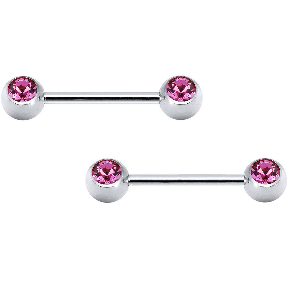 Pink Double Front Gem Stainless Steel Barbell Set