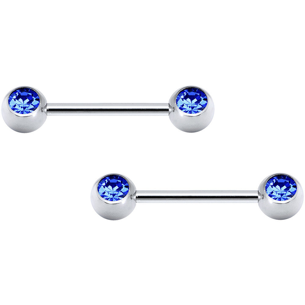 Blue Double Front Gem Stainless Steel Barbell Set