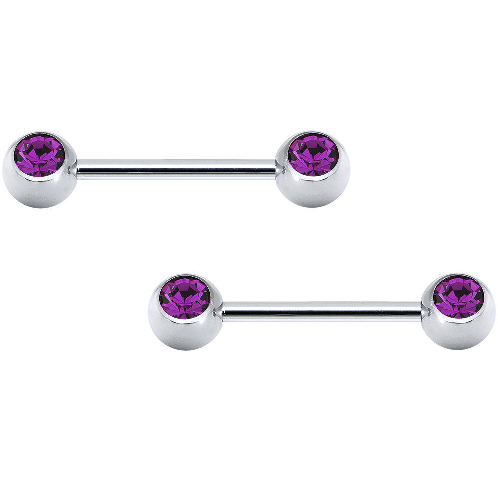 Purple Double Front Gem Stainless Steel Barbell Set