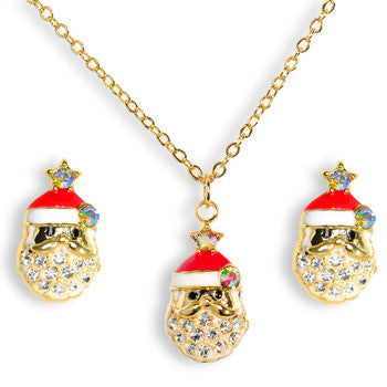 Gold Tone Gem Holiday Santa Claus Necklace and Stud Earrings Set