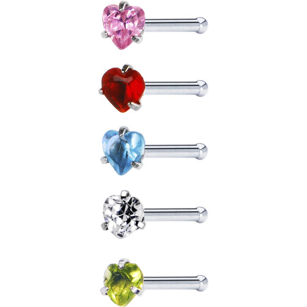 18G Stainless Steel Heart CZ Nose Bone Pack Set