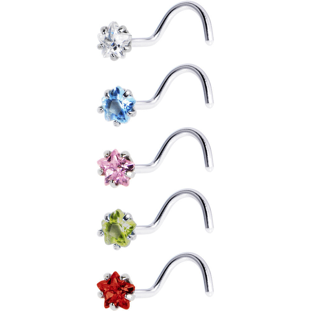 18G Stainless Steel Star CZ Nose Ring Pack Set