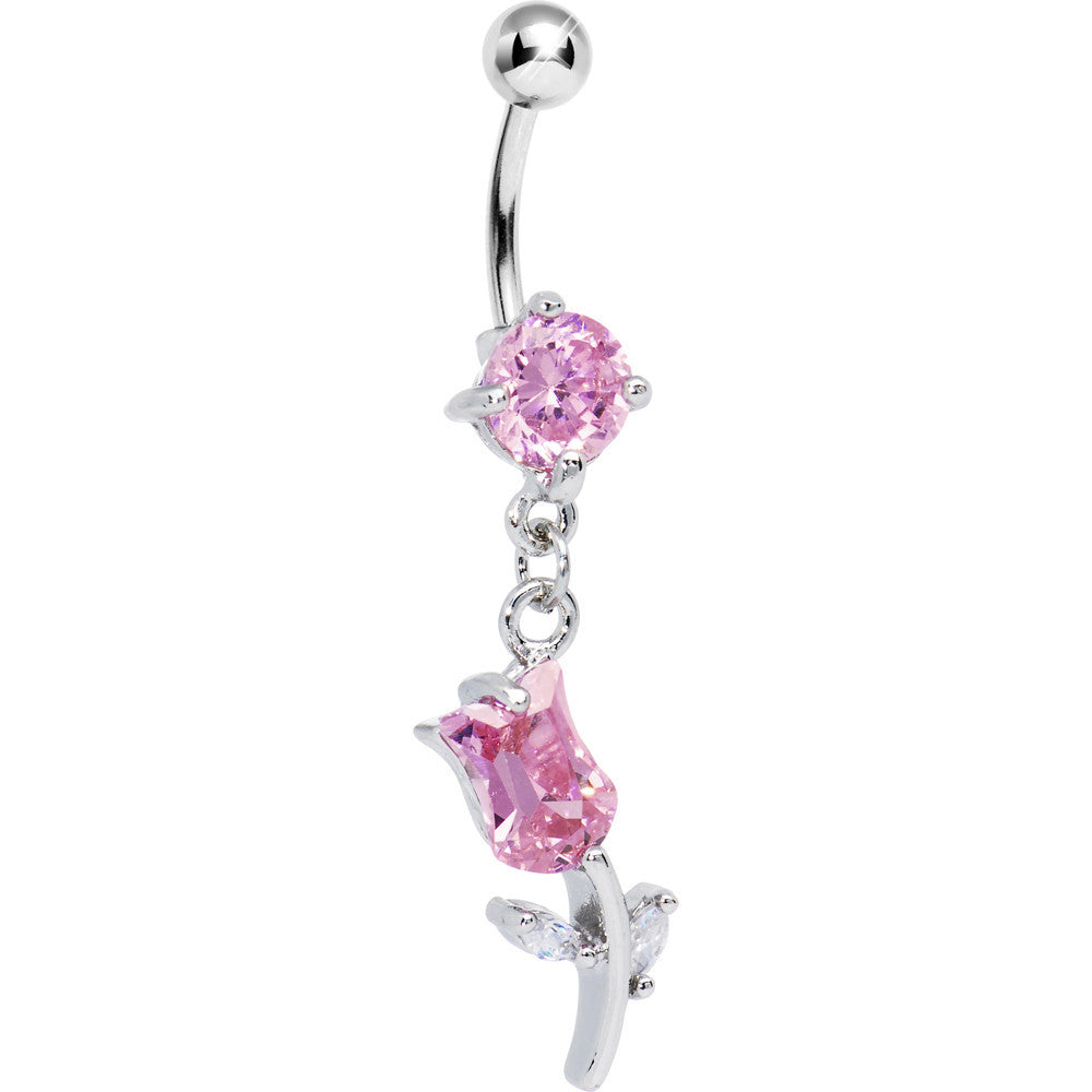 Pink Sprouting Love CZ Flower Belly Ring