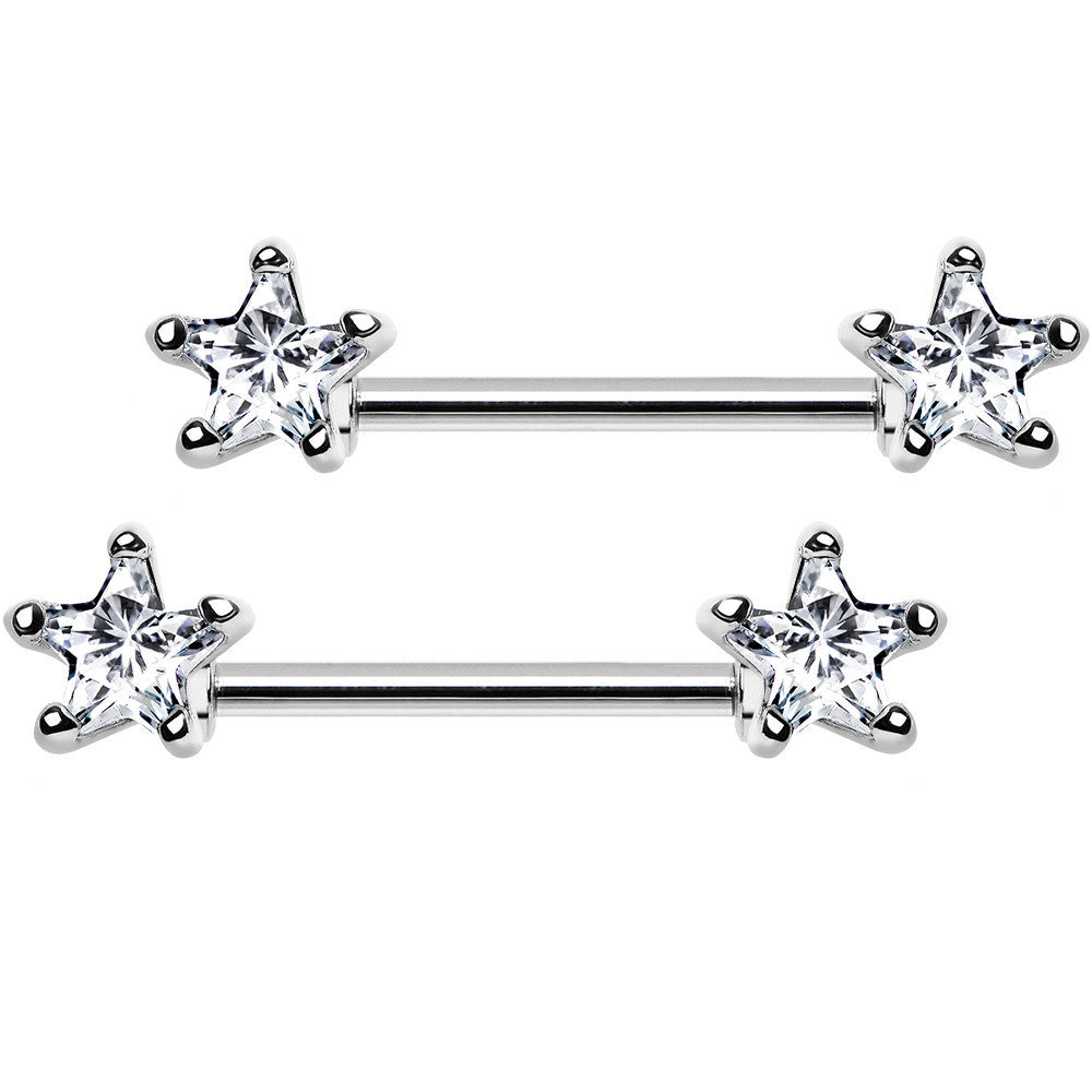 14G 9/16 Clear CZ Gem Star Barbell Nipple Ring Set